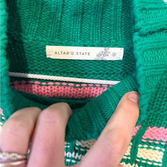 Altar'd State Green, Pink & Cream Patterned Crewneck Sweater - Picture 4 of 5